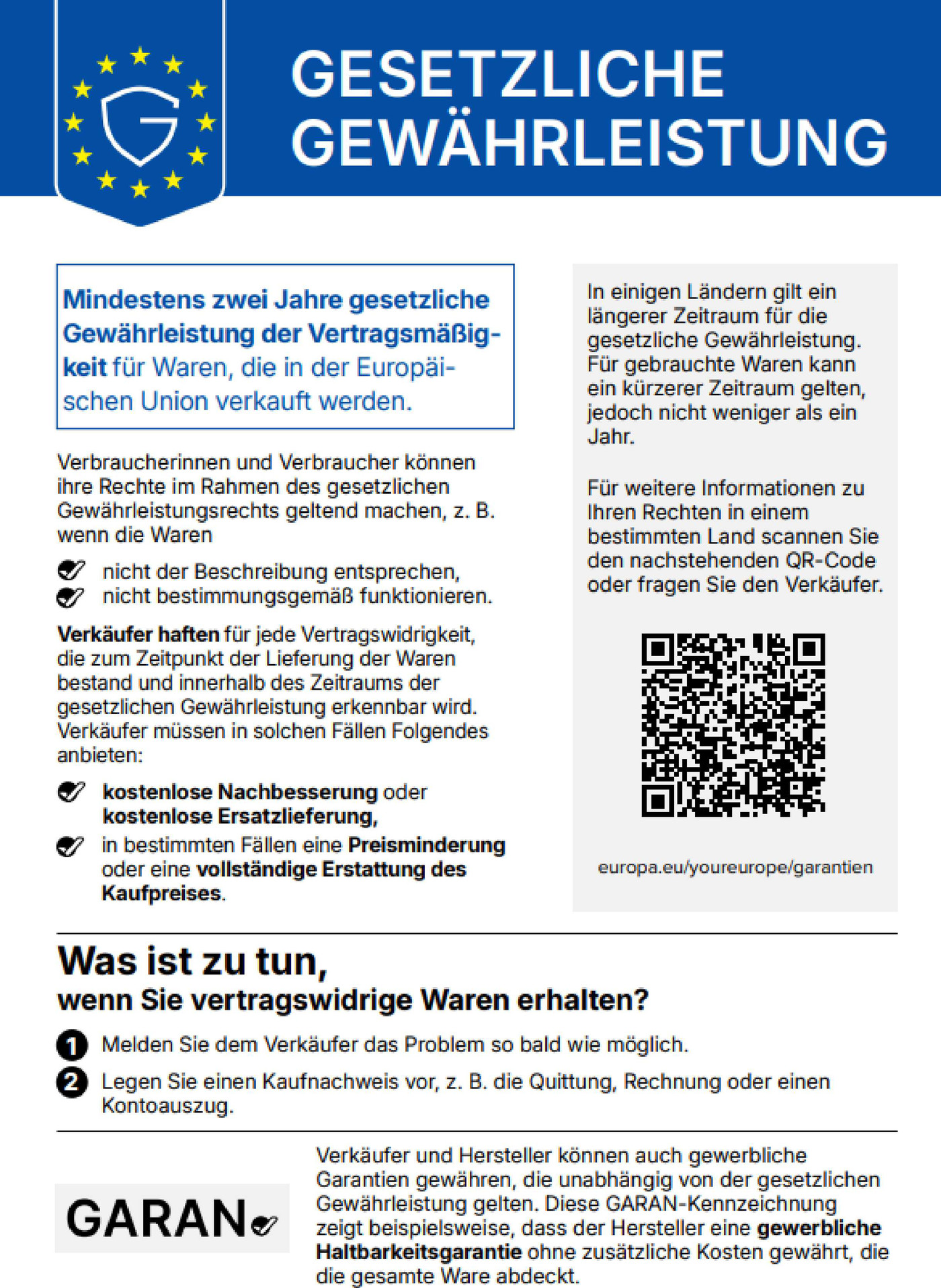 Gesetzliche Gewährleistung – Mindestens zwei Jahre gesetzliche Gewährleistung der Vertragsmäßigkeit für Waren, die in der Europäischen Union verkauft werden. Verbraucher können ihre Rechte geltend machen, wenn Waren nicht der Beschreibung entsprechen oder nicht bestimmungsgemäß funktionieren. Verkäufer müssen kostenlose Nachbesserung oder Ersatzlieferung, in bestimmten Fällen Preisminderung oder vollständige Erstattung anbieten. In einigen Ländern gilt ein längerer Zeitraum; für gebrauchte Waren nicht weniger als ein Jahr. Weitere Informationen: europa.eu/youreurope/garantien. Harmonisierte Mitteilung gemäß Durchführungsverordnung (EU) 2025/1960.